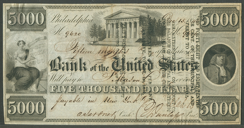 Third Bank of the United States Dec. 15th 1840 $5000 Serial No. 9620